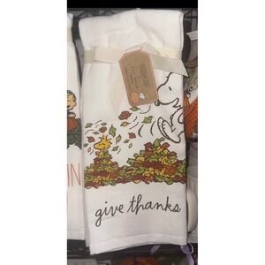 Rae Dunn Peanuts Snoopy Woodstock Give Thanks Fall Kitchen Towels Set of 2 NEW